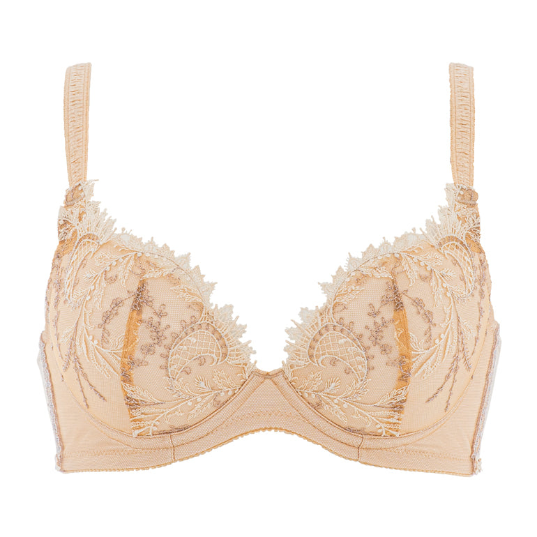 Pink lace on Cream underwire push-up Bra- satin bow detail - Size 30C  France