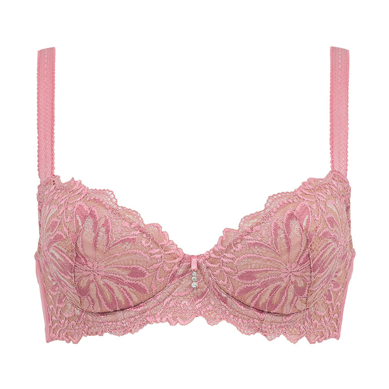 Jasmine Bra in pink and gold lace from Ohhh Lulu / Bralette rosa y